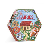 Hexagonal box of Cottage Fairies memory and matching game with colorful illustrations on a white background