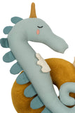 Plush toy dragon with a blue body and orange head on a white background