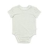 Green and white checkered baby onesie on a white background