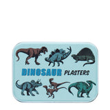 Rectangular tin with illustrations of dinosaurs and the text 'Dinosaur Plasters' on a light blue background.