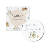 Easter milestone card with 'Snuggle Hunny' branding and 'My First Easter' text.