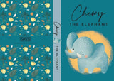 Book cover with elephant illustration and 'Chewy the Elephant' branding on a blue floral patterned background.