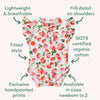 Baby onesie with strawberry pattern and certification details on a white background