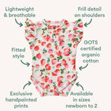Baby onesie with strawberry pattern and certification details on a white background