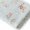 Folded fabric with cat pattern on a light blue background