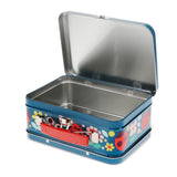 Blue metal lunch box with floral and insect design on a white background