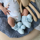 Baby wearing light blue knitted booties with fluffy balls, sitting on a textured blanket with a plush toy.