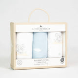 Packaged washcloths with elephant designs by Living Textiles on a light gray background