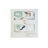 Mini & Me towel and washcloth set in a white gift box with two clear windows showing printed cotton towels and washcloths with farm and nature illustrations.