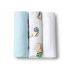 Three folded baby blankets with different patterns on a white background