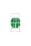 Green striped bag on a white chair with a white background