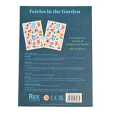 Back of the Rex London 'Fairies in the Garden' packaging, showing two sample sheets of colorful temporary tattoos with fairy illustrations, product details in English and French, and a barcode.