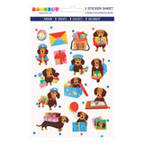 Sticker sheet with cartoon dachshunds and colorful items on a white background