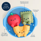 Colorful bath toy set with characters in a blue holder, featuring text on benefits.