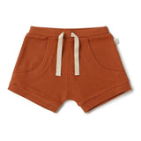 Snuggle Hunny Biscuit organic cotton toddler shorts in warm brown, Size 1, featuring ribbed fabric and an elasticated waistband.