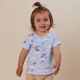 Snuggle Hunny Taking Flight organic cotton short sleeve toddler top in Size 1 featuring a colourful aeroplane and helicopter print.