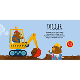 Illustration of bears with a digger and text about a digger at a construction site.