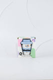 Takeaway coffee cup with colorful design in a branded box on a white background