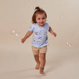 Snuggle Hunny Taking Flight organic cotton short sleeve toddler top in Size 1 featuring a colourful aeroplane and helicopter print.