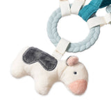 Baby teething ring with plush toy on a white background