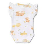 A white baby bodysuit with ruffled sleeves, featuring a cute watercolor-style farm print with cows, calves, hay bales, chicks, and small green plants.