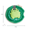 Green plush toy with a checkered flag on a white background
