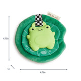 Green plush toy with a checkered flag on a white background