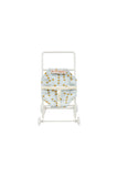 A miniature white toy dollhouse stroller with a light blue fabric seat liner printed with small yellow stars, featuring the brand name 'MAJORE' on the front.