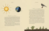 Book page with illustrations of a sun, Earth, and bird, along with text.