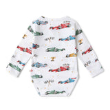Baby onesie with race car pattern on a white background