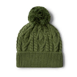 Green knitted beanie with a pom-pom on a white background