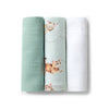 Three swaddle blankets with different patterns on a white background