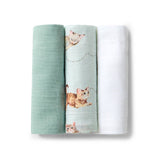 Three swaddle blankets with different patterns on a white background