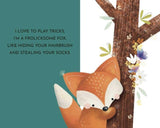 Illustration of a fox peeking from behind a tree with a humorous quote on a green background.