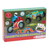Box of a magnetic scene and doodle set with vehicles and racing theme.