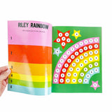 Colorful children's book with a rainbow pattern and dot-to-dot activity on a white background.