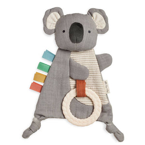 Gray koala plush toy with a ring and colorful strips on a white background