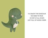 Cartoon dinosaur on a green background with humorous text.