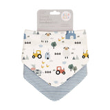 Two reversible bandana bibs with farm-themed design on a white background, branded 'Alla Ella'.