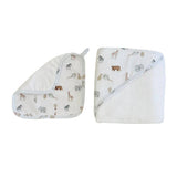 Set of baby hooded towel and hat with animal pattern on a white background
