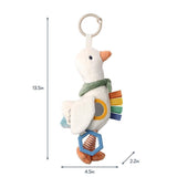Plush toy duck with colorful elements and dimensions on a white background