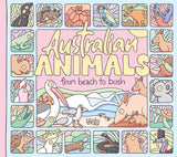 Front cover of a children's book titled 'Australian Animals from beach to bush' with colorful illustrated animal panels around the border and a central scene featuring a pelican, duck, and kangaroo on a pink background.