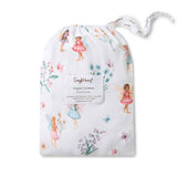 Organic cot sheet with fairy design and 'Snuggly Hunny' branding on a white background