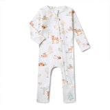 Baby onesie with animal pattern on a white background