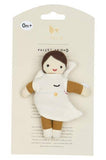 Small plush toy with a white outfit and brown accents on a beige card packaging.