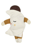 Plush toy resembling a ghost with brown sleeves and a smiling face on a white background