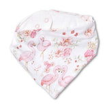 A white triangular baby bib with a pink flamingo and floral print, featuring snap closures at the top.