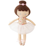 Plush doll with brown hair, floral top, and white tutu on a white background