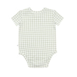 Green and white checkered baby onesie on a white background