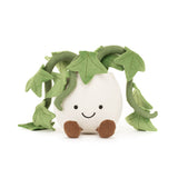Plush toy with a white body, green leaves, and brown feet on a white background